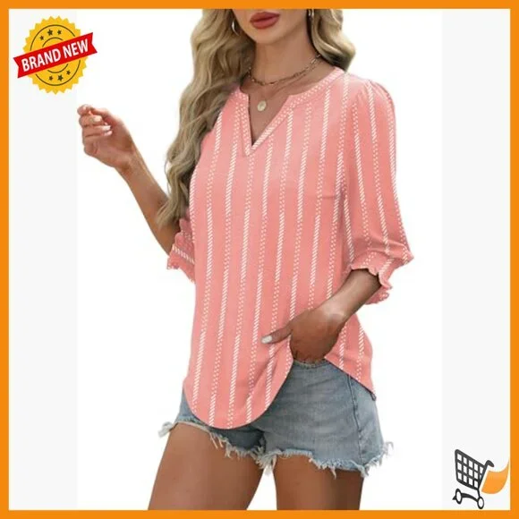 Women's 3/4 Sleeve V-Neck Blouse with Smocked Cuffs, Dressy Casual Top - Picture 4 of 7